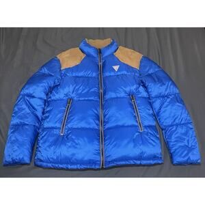 Guess Men L Larry Fabric Block Faux-suede Blue Puffer Jacket Polar Fleece Neck